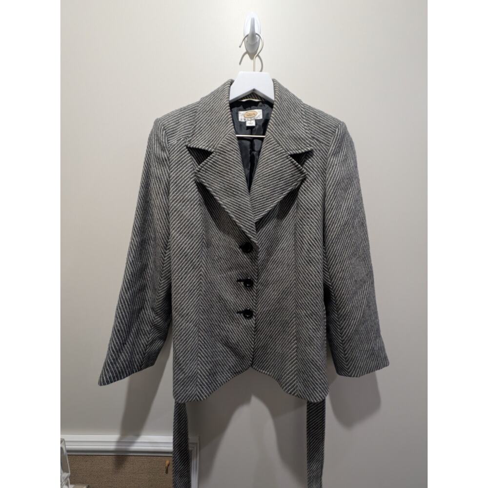 Talbots Petite Blazer 10 Gray 100% Wool Herringbone Jacket Japan Classic Belt - Picture 6 of 16